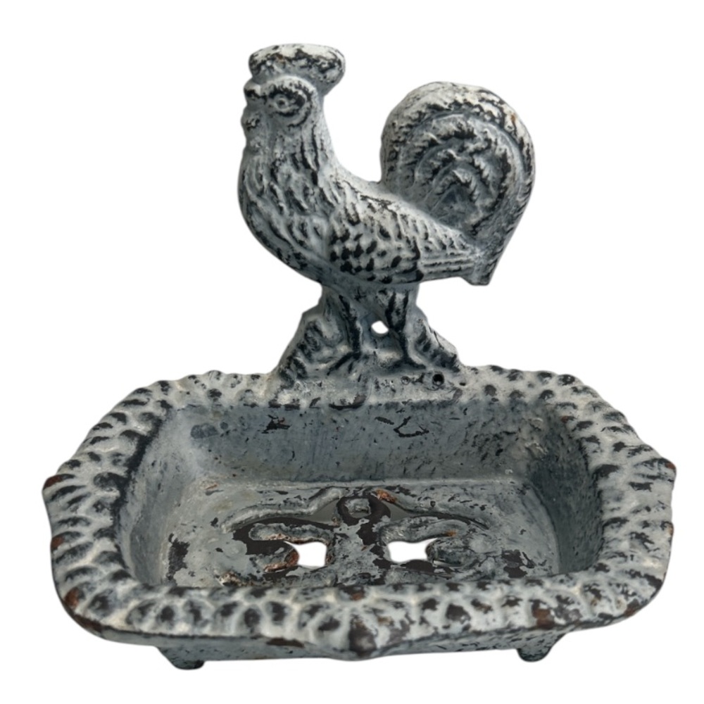 Rooster Soap Dish Cast Iron Country Decor Rustic Off-White Antique Style